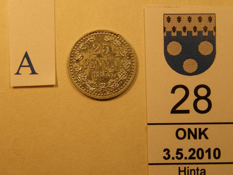 kohde_028_a.jpg - Kohde 28, arvopuoli 25 p 1865. Arvopuolella matta-alueita, pmvka. SNY 265.1.2. Kl 7, lh 400,-.