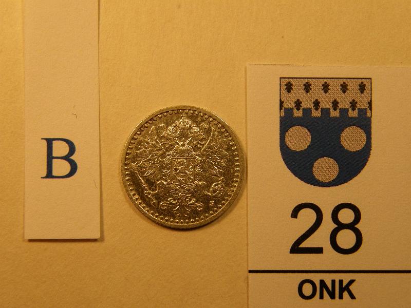 kohde_028_b.jpg - Kohde 28, tunnuspuoli 25 p 1865. Arvopuolella matta-alueita, pmvka. SNY 265.1.2. Kl 7, lh 400,-.