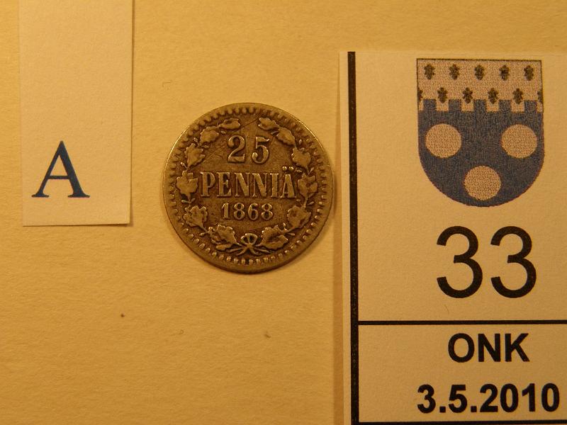 kohde_033_a.jpg - Kohde 33, arvopuoli 25 p 1868 SNY 268.2.1. Kl 2/3, lh 235,-.
