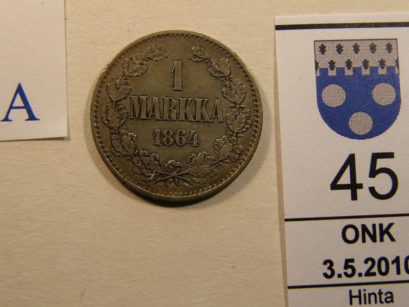 kohde_045_a.jpg - Kohde 45, arvopuoli 1 mk 1864. SNY 397.2. Kl 4/5, lh 115,-.