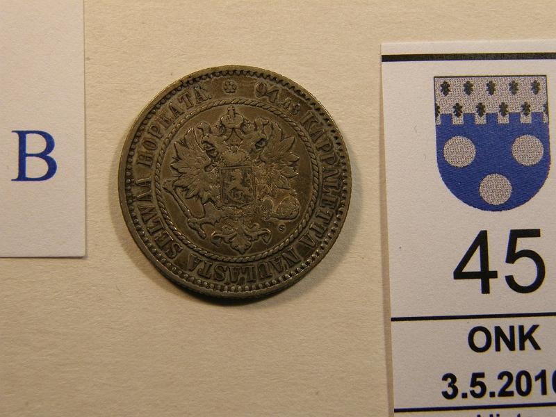 kohde_045_b.jpg - Kohde 45, tunnuspuoli 1 mk 1864. SNY 397.2. Kl 4/5, lh 115,-.