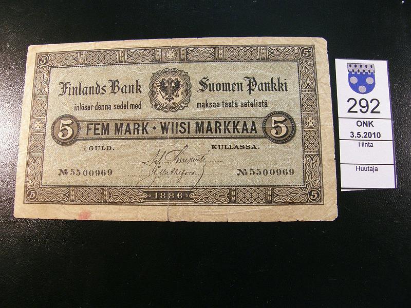 kohde_292_a.jpg - Kohde 292 5 mk 1886, 5500969, Carpentier-Ahlfors. Repe�m� alhaalla, p.reiki�, oik. yl�kulma pala puuttuu. Vesileima keskell�. SNY 128.1. Kl 3, 90,-.