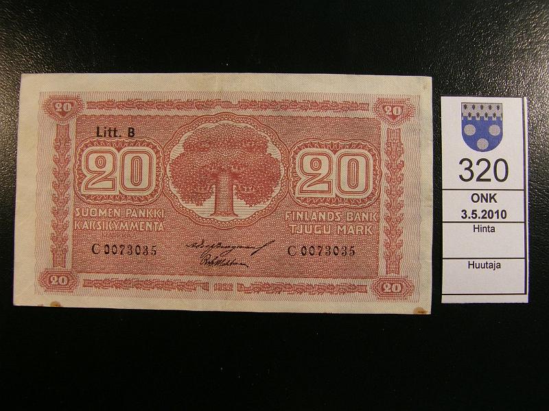 kohde_320_a.jpg - Kohde 320 20 mk 1922 Litt B, C0073035, Burgman - Wahlman, nelj� painov�ritahraa, melko harvinainen. Kl 5, lh 400,-.
