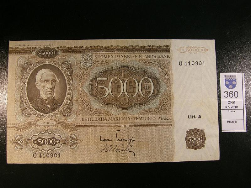 kohde_360_a.jpg - Kohde 360 5000 mk 1945 Litt A, 0410901, Tuomioja-Alsiala, p.keskireik�. SNY 204. Kl 4, lh 360,-.