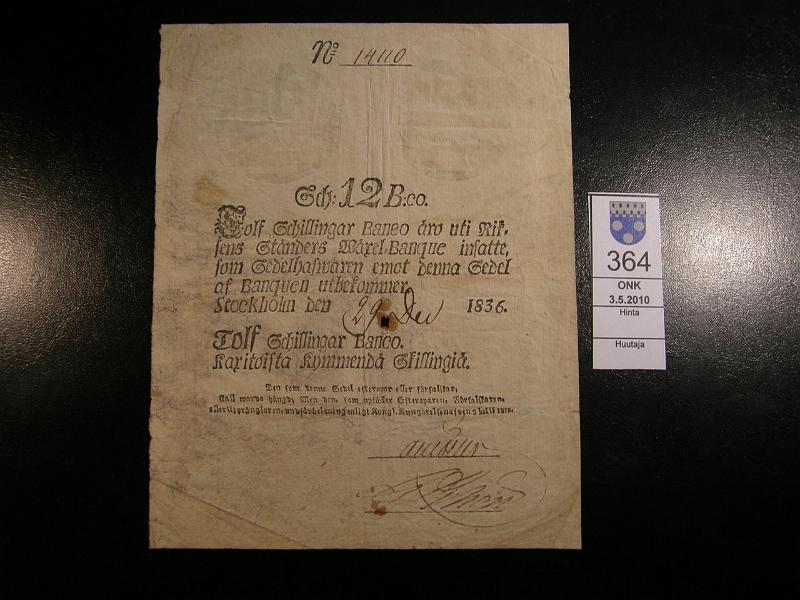 kohde_364_a.jpg - Kohde 363 Ruotsi 12 schillingar banco 1836, 14110, repe�mi�, kookas keskireik�. Kl 3, lh 95,-.