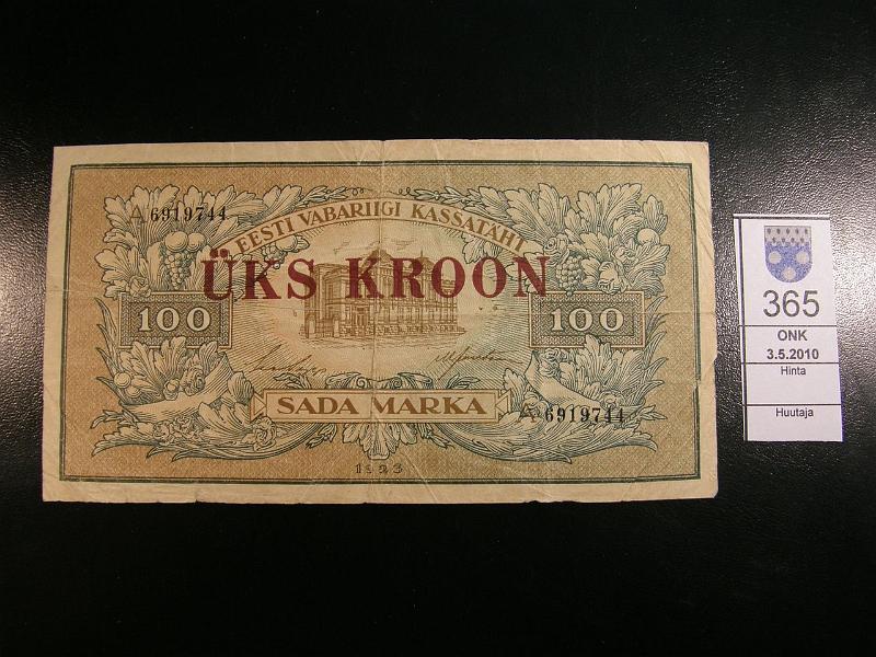kohde_365_a.jpg - Kohde 365 Eesti 1 krooni / 100 mk 1923, Pick 61 Yks Kroon lis�painama SADA MARKA -setelill�. A6919744. P.keskireik�, pehme� paperi. Kl 3, lh 50,-.