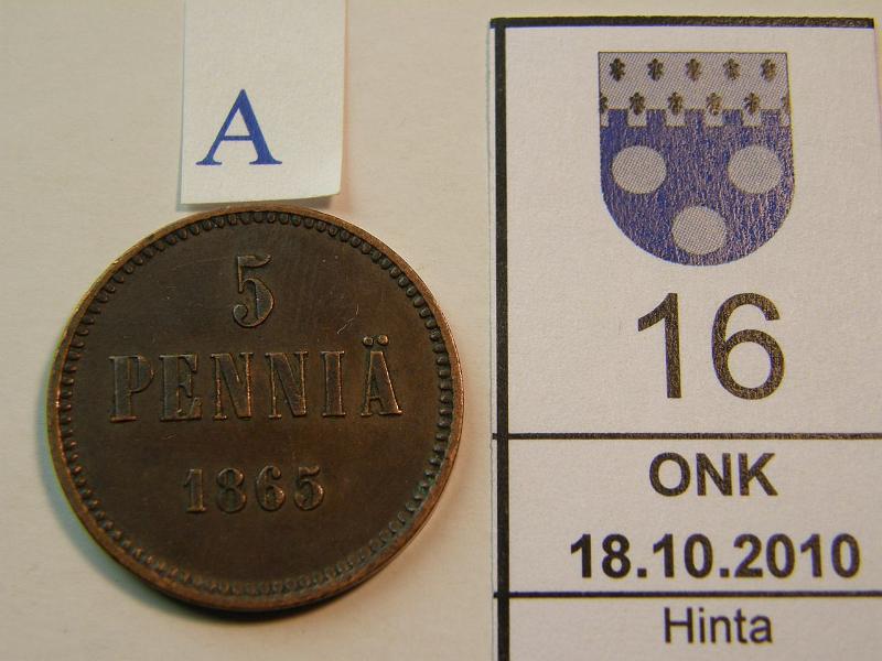 kohde_016_a.jpg - Kohde 16, arvopuoli, lhthinta: 50 € 5 p 1865 tumma patina, varsin hyv tlle vuodelle, kunto: 6.