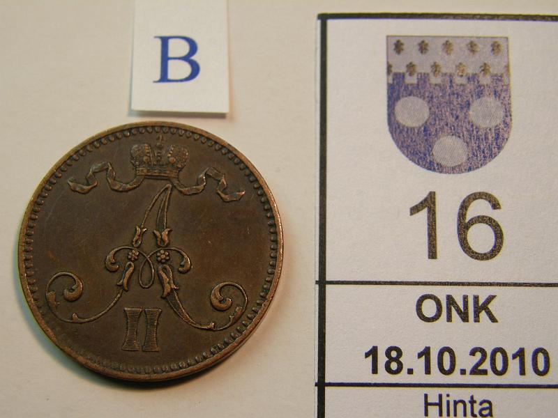 kohde_016_b.jpg - Kohde 16, tunnuspuoli, lhthinta: 50 € 5 p 1865 tumma patina, varsin hyv tlle vuodelle, kunto: 6.