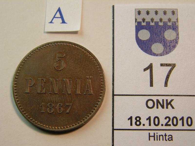 kohde_017_a.jpg - Kohde 17, arvopuoli, lhthinta: 180 € 5 p 1867 kulumaton raha, tumma loistava patina, kunto: 8.