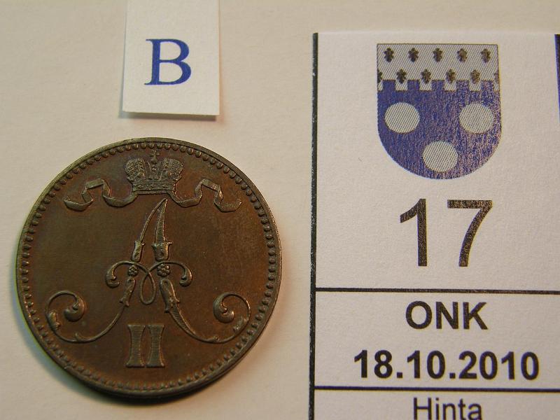 kohde_017_b.jpg - Kohde 17, tunnuspuoli, lhthinta: 180 € 5 p 1867 kulumaton raha, tumma loistava patina, kunto: 8.