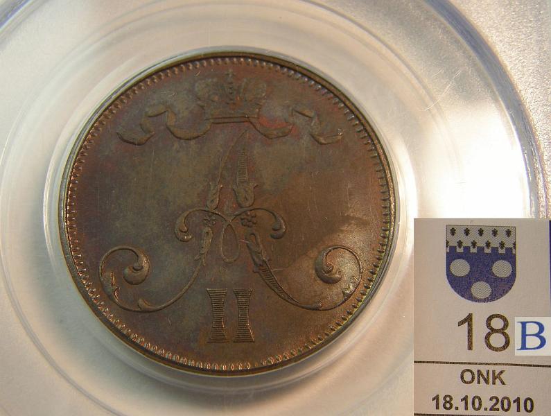 kohde_018_b.jpg - Kohde 18, tunnuspuoli, lhthinta: 300 € 5 p 1875 PCGS luokittelema ja kapseloima MS 64 RB. Kaunis tumma kiilto, kunto: 8.