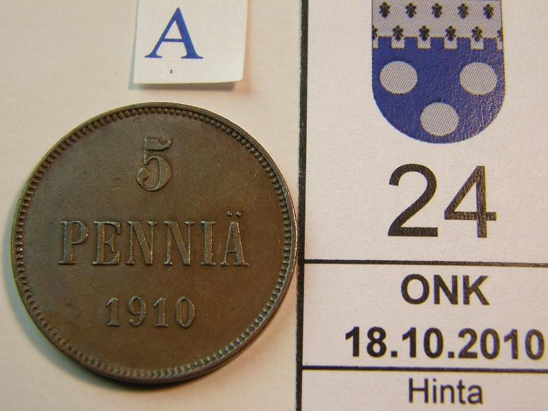 kohde_024_a.jpg - Kohde 24, arvopuoli, lhthinta: 50 € 5 p 1910 kaunis patina!, kunto: 6.