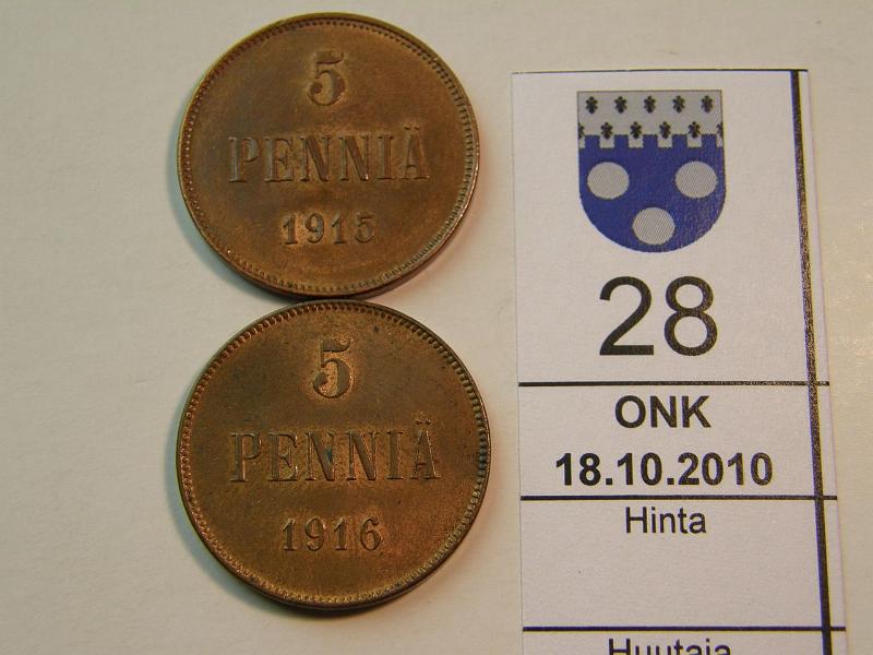 kohde_028_a.jpg - Kohde 28, lhthinta: 5 € 5 p 1915, -16 phpja, kunto: 8,7.