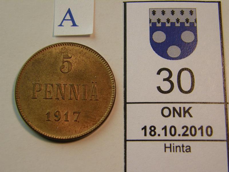 kohde_030_a.jpg - Kohde 30, arvopuoli, lhthinta: 20 € 5 p 1917 II vaakunassa pmv, kunto: 8/9.