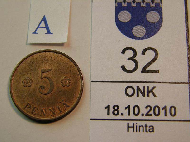 kohde_032_a.jpg - Kohde 32, arvopuoli, lhthinta: 75 € 5 p 1918 KVI SNY 94.1, phpja, kunto: 8.