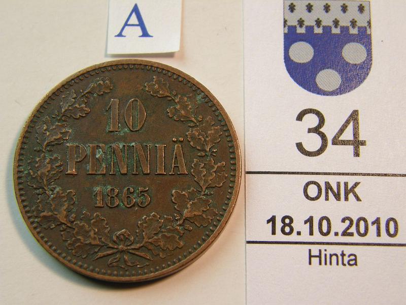 kohde_034_a.jpg - Kohde 34, arvopuoli, lhthinta: 60 € 10 p 1865 tumma patina, hieman likaa, varsin hyv tlle vuodelle, kunto: 6.