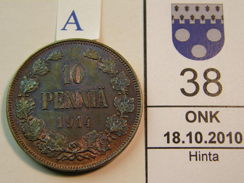 kohde_038_a.jpg - Kohde 38, arvopuoli, lhthinta: 5 € 10 p 1914 sinertv patina, leimakiiltoa, vaak.p nja, kunto: 7/8.