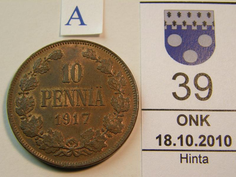 kohde_039_a.jpg - Kohde 39, arvopuoli, lhthinta: 5 € 10 p 1917 II phpja, kunto: 7.