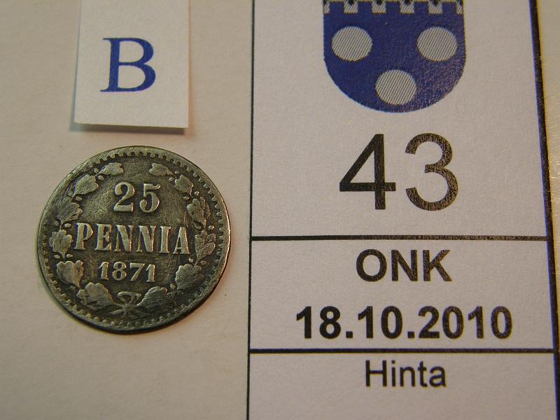 kohde_043_b.jpg - Kohde 43, arvopuoli, lhthinta: 42 € 25 p 1871 taipunut, litistynyt, reunavika, kunto: 2.