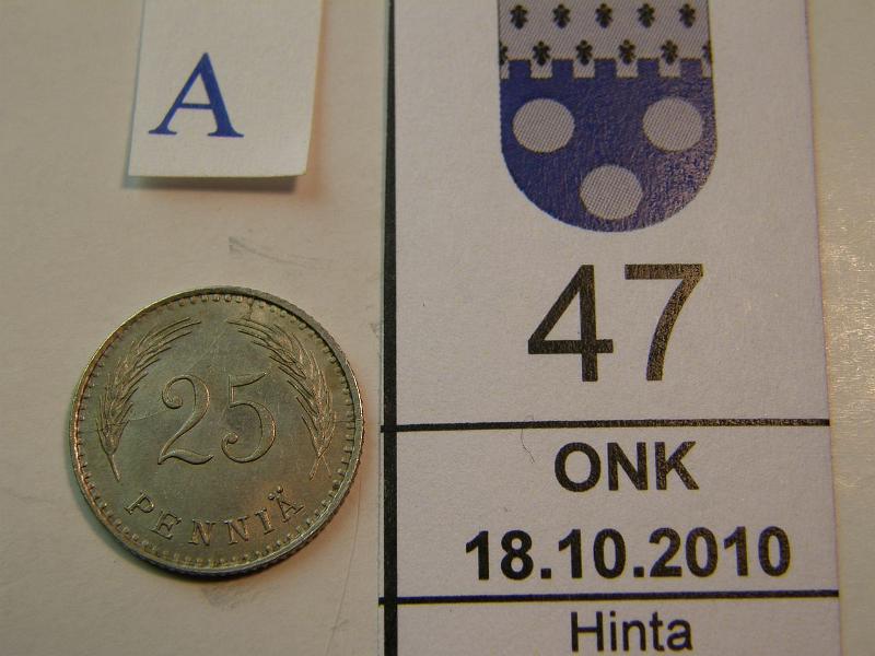 kohde_047_a.jpg - Kohde 47, arvopuoli, lhthinta: 20 € 25 p 1929 hieno!, kunto: 8.