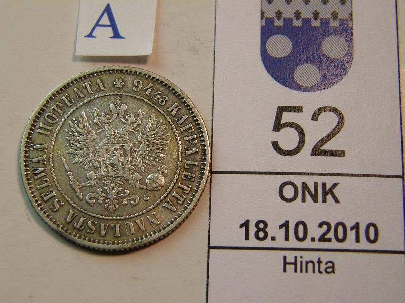 kohde_052_a.jpg - Kohde 52, tunnuspuoli, lhthinta: 7 € 1 mk 1892, kunto: 4.