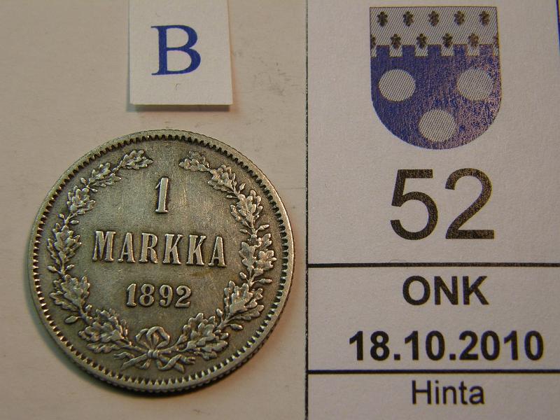 kohde_052_b.jpg - Kohde 52, arvopuoli, lhthinta: 7 € 1 mk 1892, kunto: 4.