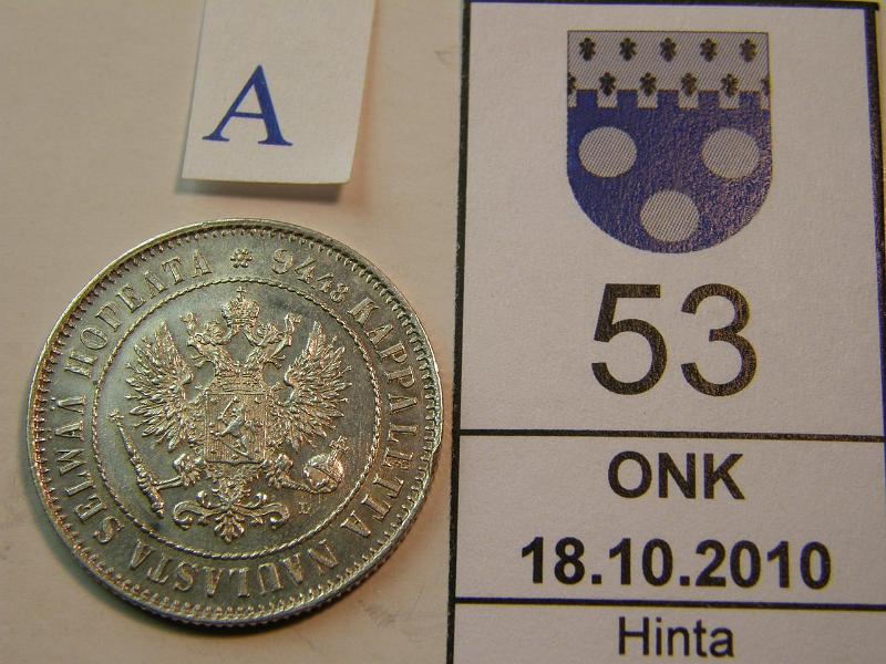 kohde_053_a.jpg - Kohde 53, tunnuspuoli, lhthinta: 20 € 1 mk 1907 hnja, eprv, kunto: 8.