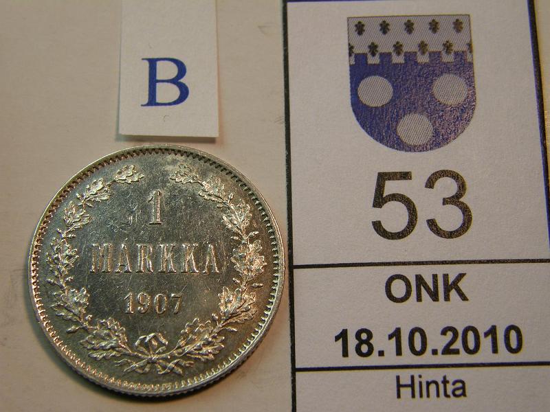 kohde_053_b.jpg - Kohde 53, arvopuoli, lhthinta: 20 € 1 mk 1907 hnja, eprv, kunto: 8.