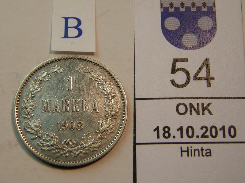 kohde_054_b.jpg - Kohde 54, arvopuoli, lhthinta: 15 € 1 mk 1908 hnja, kunto: 6.