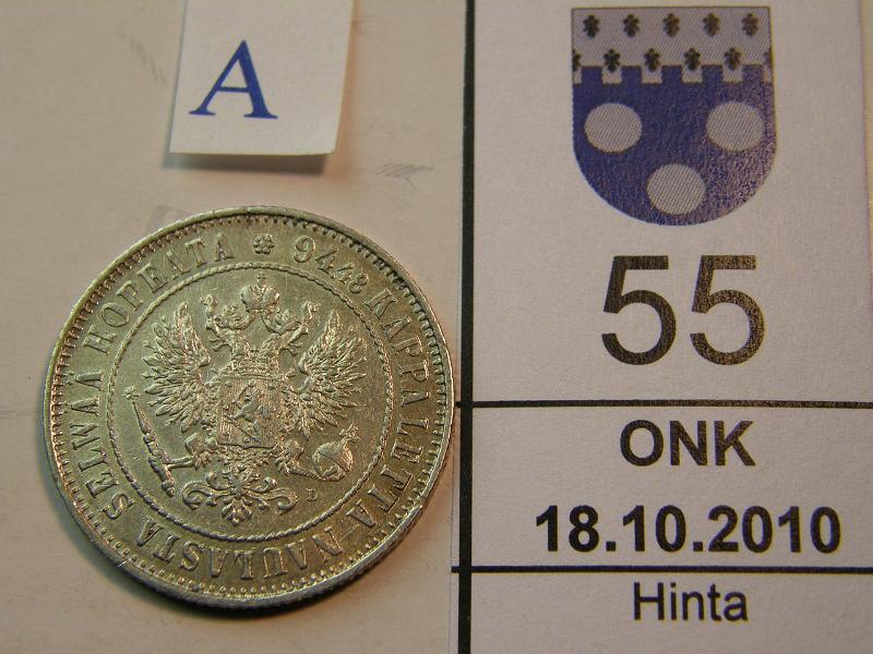 kohde_055_a.jpg - Kohde 55, tunnuspuoli, lhthinta: 20 € 1 mk 1908 hnja, kunto: 7.