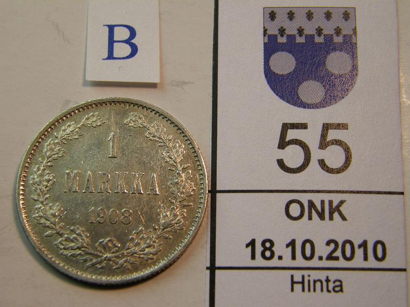 kohde_055_b.jpg - Kohde 55, arvopuoli, lhthinta: 20 € 1 mk 1908 hnja, kunto: 7.