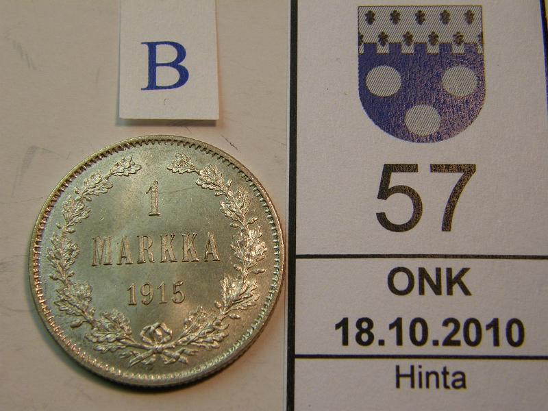 kohde_057_b.jpg - Kohde 57, tunnuspuoli, lhthinta: 10 € 1 mk 1915 loistelias!, kunto: 9.