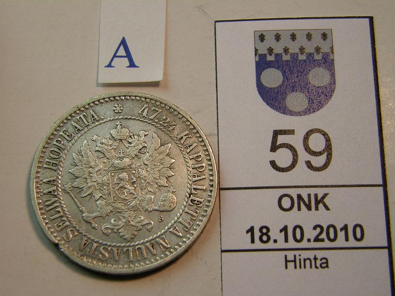 kohde_059_a.jpg - Kohde 59, tunnuspuoli, lhthinta: 12 € 2 mk 1866 SNY 494.1, rvja, kunto: 5.