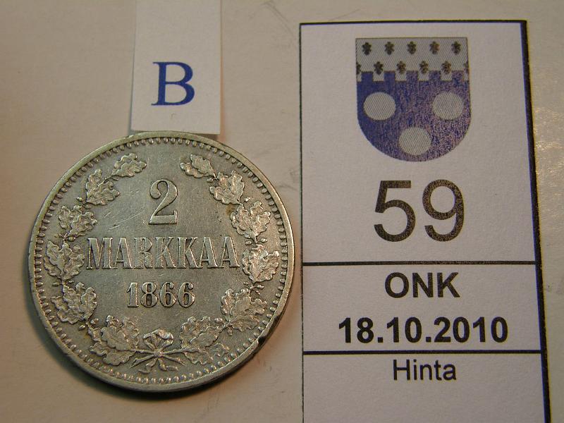 kohde_059_b.jpg - Kohde 59, arvopuoli, lhthinta: 12 € 2 mk 1866 SNY 494.1, rvja, kunto: 5.