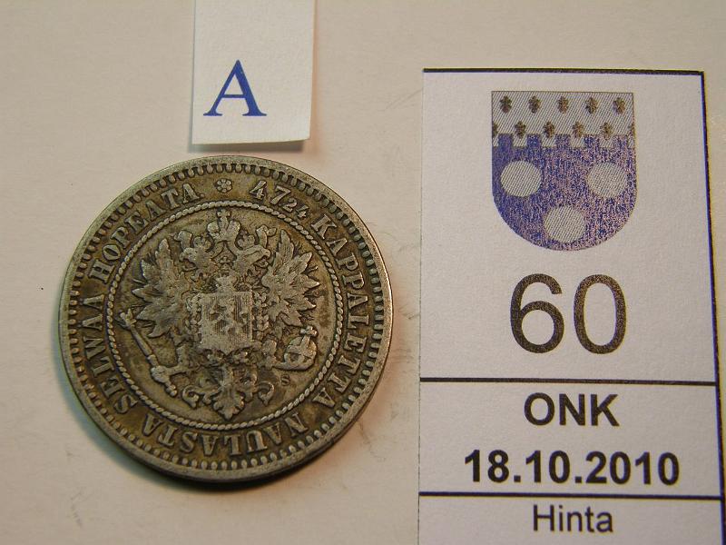 kohde_060_a.jpg - Kohde 60, tunnuspuoli, lhthinta: 12 € 2 mk 1870, kunto: 3/4.