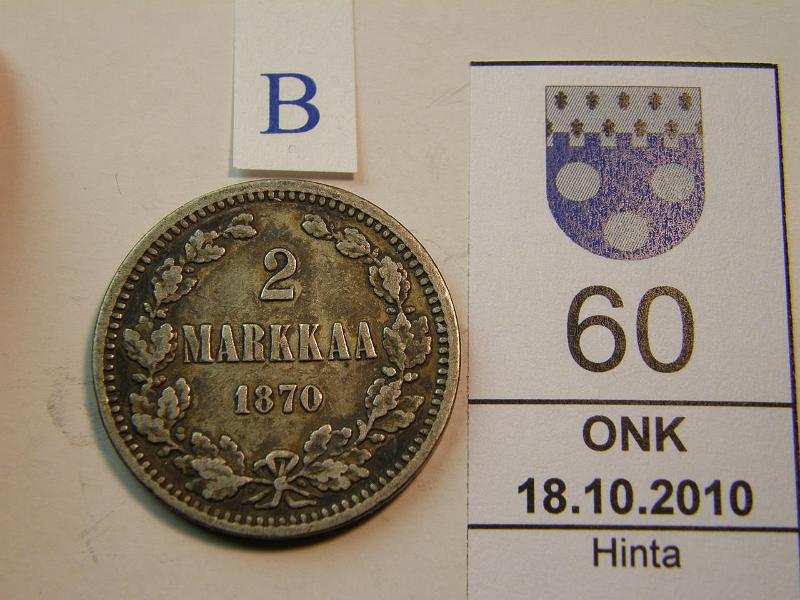 kohde_060_b.jpg - Kohde 60, arvopuoli, lhthinta: 12 € 2 mk 1870, kunto: 3/4.