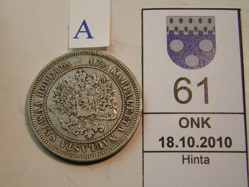 kohde_061_a.jpg - Kohde 61, tunnuspuoli, lhthinta: 12 € 2 mk 1872, kunto: 3/4.