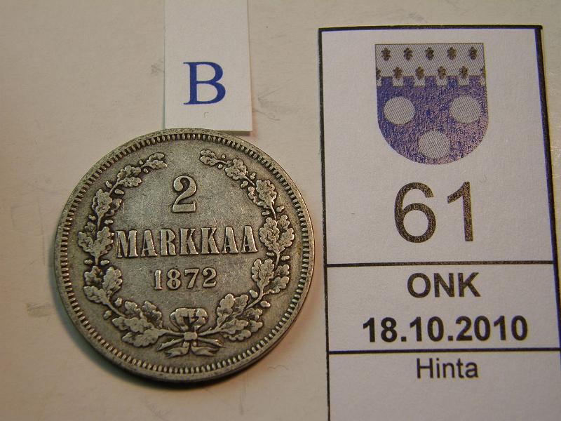 kohde_061_b.jpg - Kohde 61, arvopuoli, lhthinta: 12 € 2 mk 1872, kunto: 3/4.