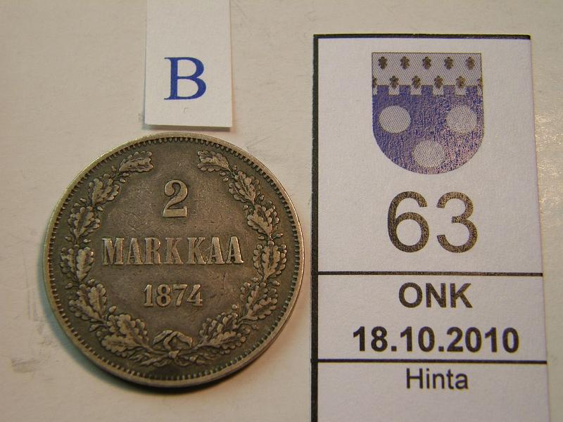 kohde_063_b.jpg - Kohde 63, arvopuoli, lhthinta: 12 € 2 mk 1874, kunto: 3/4.