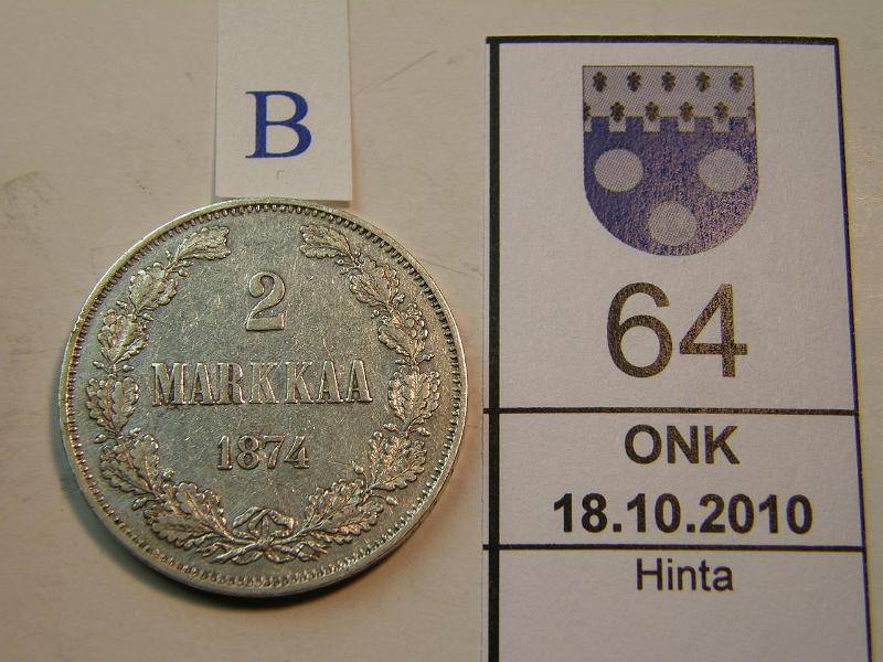 kohde_064_b.jpg - Kohde 64, arvopuoli, lhthinta: 15 € 2 mk 1874, kunto: 4/5.