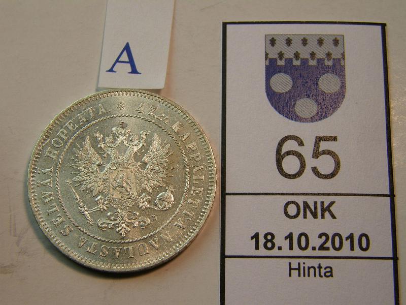 kohde_065_a.jpg - Kohde 65, tunnuspuoli, lhthinta: 40 € 2 mk 1908 hyvin vhisi hnja, yksi hp. Hieno!, kunto: 8.