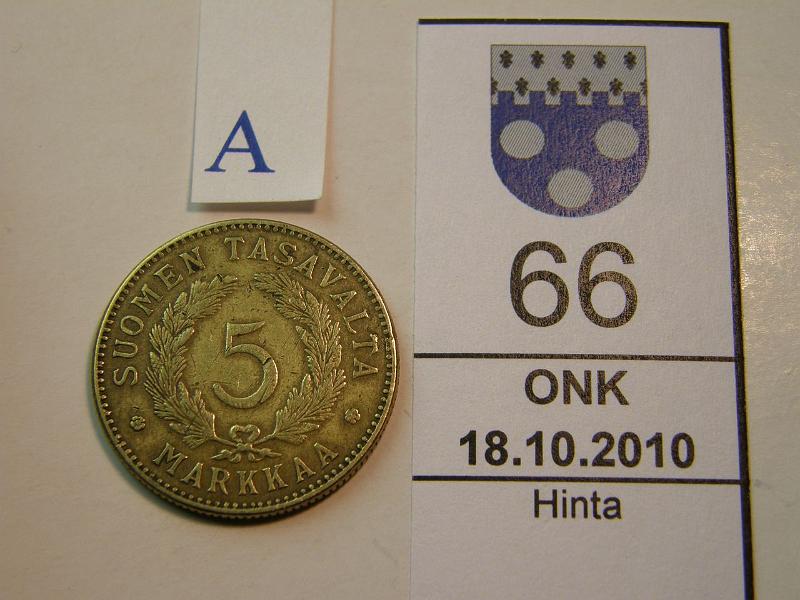 kohde_066_a.jpg - Kohde 66, arvopuoli, lhthinta: 50 € 5 mk 1929 SNY 504.1, metallivika, kunto: 4.