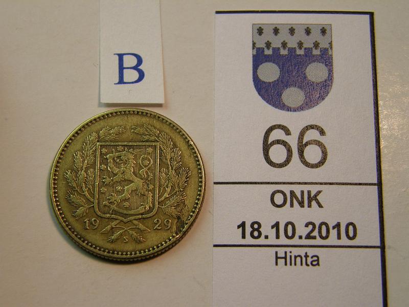 kohde_066_b.jpg - Kohde 66, tunnuspuoli, lhthinta: 50 € 5 mk 1929 SNY 504.1, metallivika, kunto: 4.