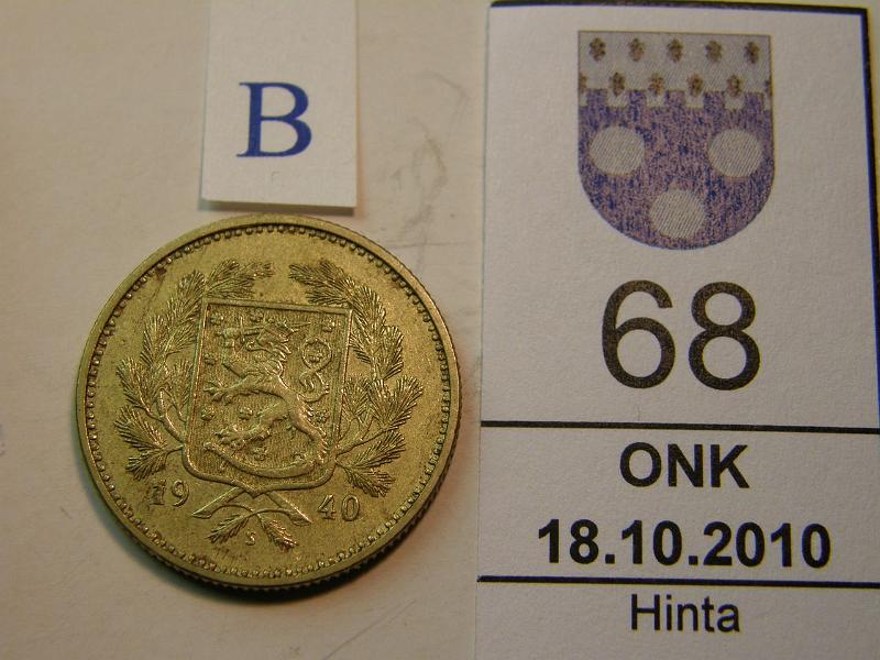 kohde_068_b.jpg - Kohde 68, tunnuspuoli, lhthinta: 3 € 5 mk 1940, kunto: 6.