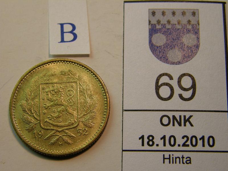 kohde_069_b.jpg - Kohde 69, tunnuspuoli, lhthinta: 15 € 5 mk 1952 phpja, kaunis!, kunto: 8.