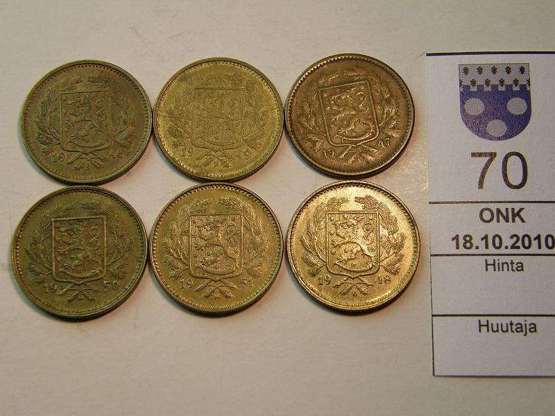 kohde_070_a.jpg - Kohde 70, lhthinta: 5 € 5 mk Er 1946-1951 Mess, 6 eril, 1947 kl4, muut 6-8, osassa phpja, kunto: 6-8.