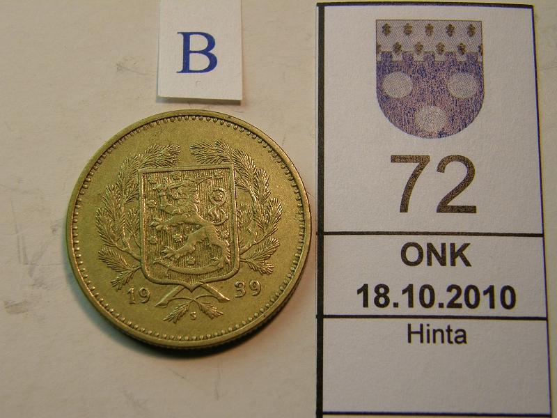 kohde_072_b.jpg - Kohde 72, tunnuspuoli, lhthinta: 20 € 10 mk 1939, kunto: 6/5.