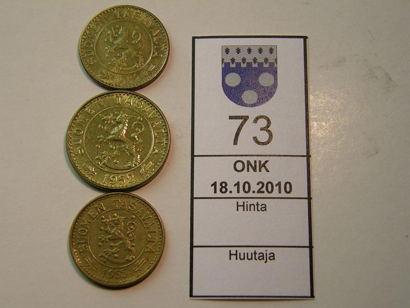 kohde_073_a.jpg - Kohde 73, lhthinta: 10 € 20 + 10 mk Er 10mk 1952 (Hol 628.2), -55 ja 20mk -52, kunto: 6-7.