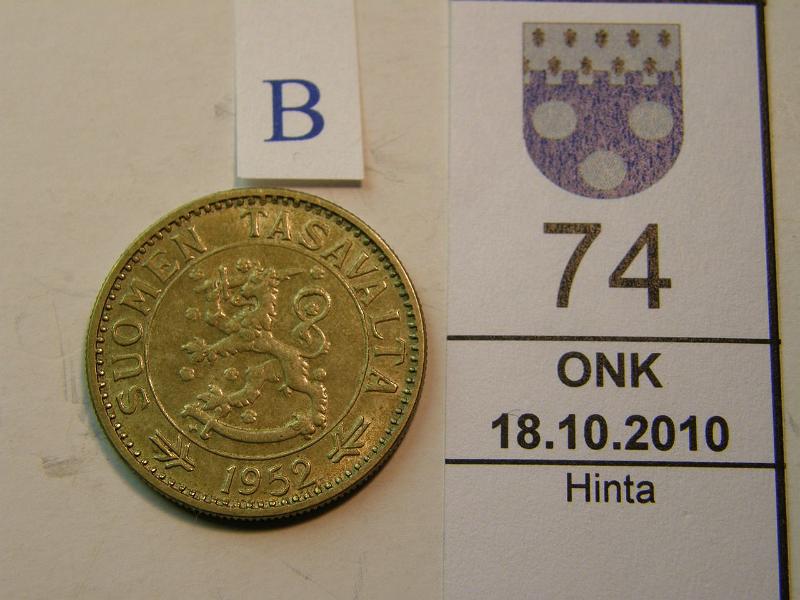 kohde_074_b.jpg - Kohde 74, tunnuspuoli, lhthinta: 5 € 50 mk 1952, kunto: 6.