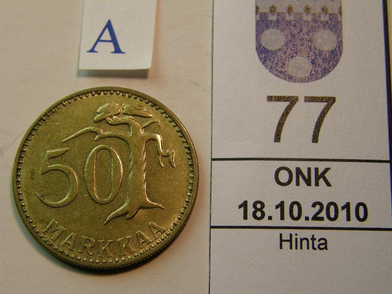 kohde_077_a.jpg - Kohde 77, arvopuoli, lhthinta: 10 € 50 mk 1962, kunto: 7.